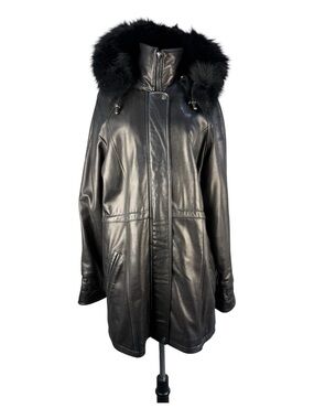 Knoles & Carter Women's Italian Black Lamb Leather Parka Cinch Waist Fur Trim L